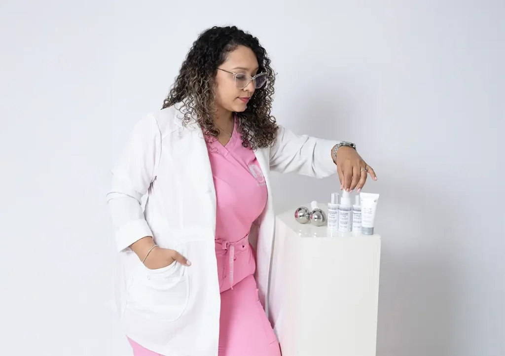 Sept 2025 aotm angelica michelle hernandez martinez next to stand with Skin Script Products